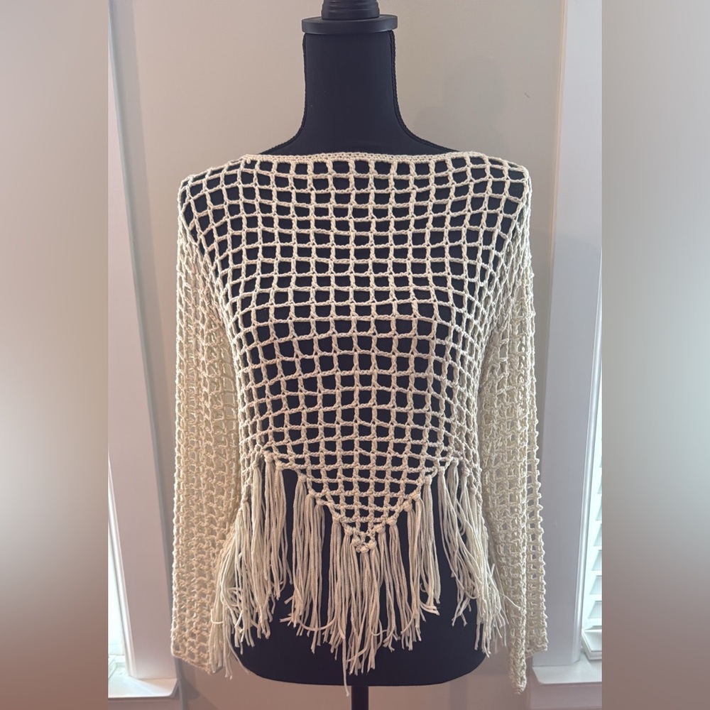Vici Ramy Crochet Hem Coverup Sweater, Fringe
